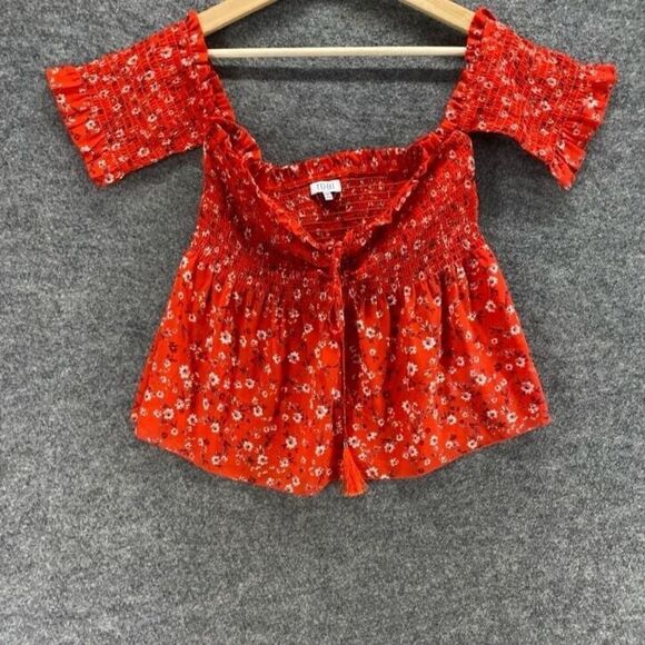 Tobi Top Women M Medium Red Floral V-Neck Short Sleeve Tasseled Breathable - Picture 3 of 7